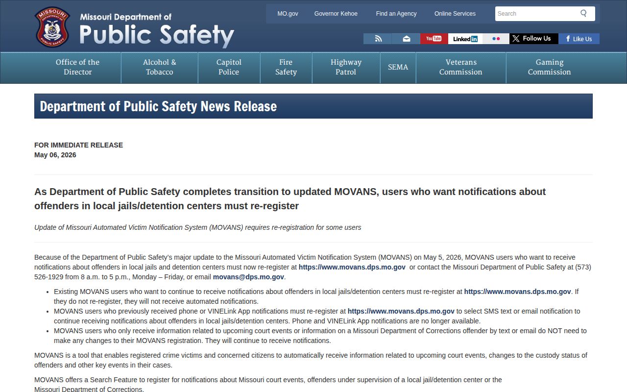 Lincoln County VINELink release alert notice for the May 2026 MOVANS transition